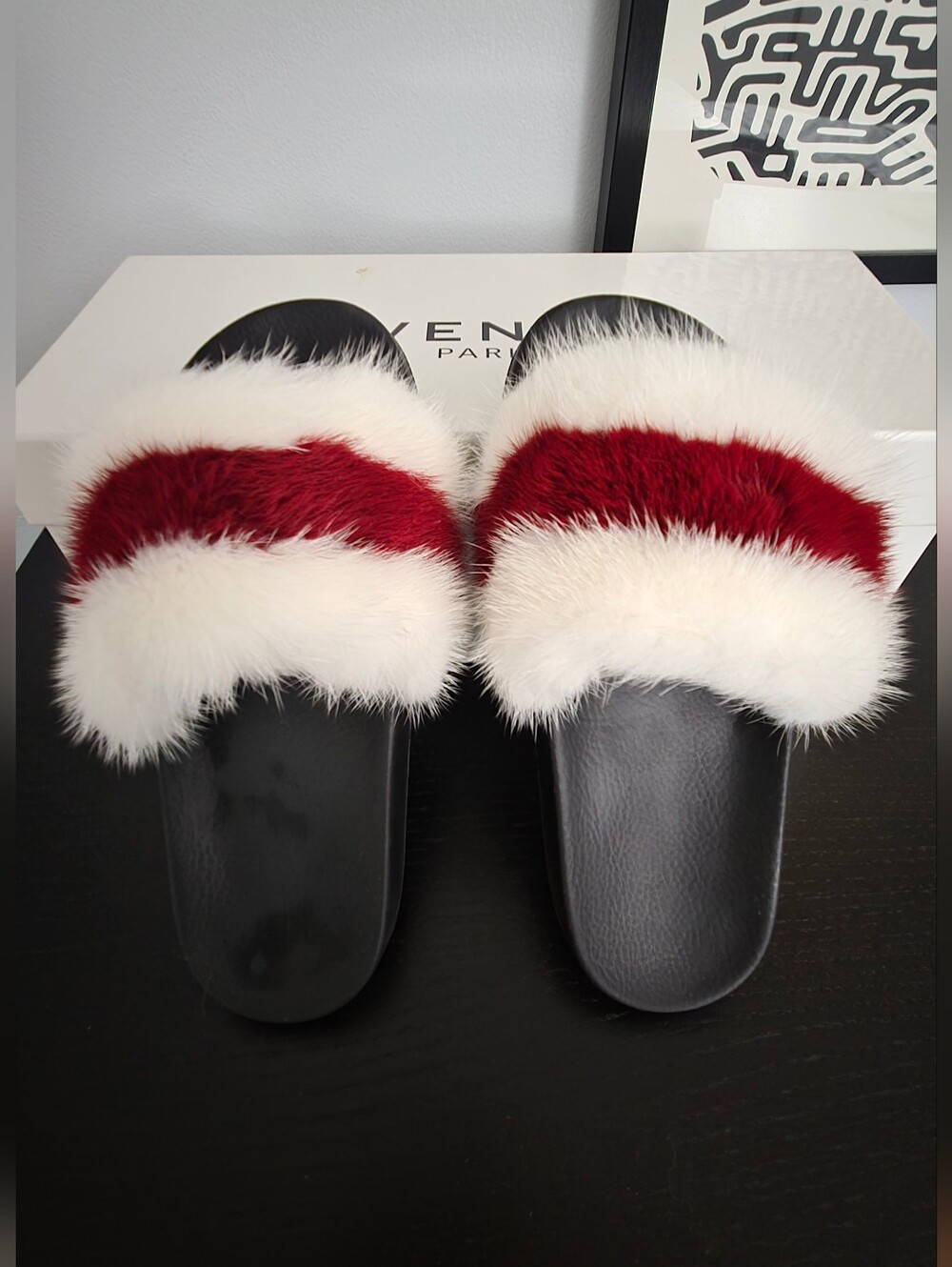Givenchy White and Red Real Mink Fur Slides